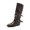 Explosión de atmósfera populares botas de cuero de doble hebilla botas largas para mujer tacón de cuña de verano botas versátiles botas holgadas estilo nuevo 2026
