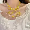 Collar de Cristal con Perlas y Flores Amarillas Dulces para Primavera y Verano, Cadena para Clavícula con Atmósfera Estilo Vacacional, Cadena de Cuello Versátil de Alta Gama
