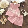 Elegante Conjunto de Niña Estilo Chanel 2026 Conjunto de Verano con Top de Manga Acampanada Floral 3D y Shorts Conjunto de Dos Piezas