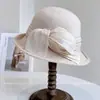 Chapéu Bucket de Seda e Linho Estilo Hepburn com Aba Floral para Mulheres, Chapéu de Feltro de Lã Australiana Outono e Inverno, Fedora Retrô Tendência para Socialites