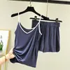 Conjunto de pijama casual de modal estilo coreano con bloques de color, camisola y shorts para mujer, delgado de verano, ajuste ceñido, adecuado para usar al aire libre