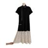 Vestido recto de encaje con bloques de color estilo francés, manga corta, nuevo 2025, estilo holgado, adelgazante y favorecedor, vestido para ir al trabajo