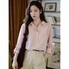 Camisa Morirose Rosa de Tencel e Linho para Mulheres Outono Gola Lapela Botões Manga Caída Uso Dupla Face Elegante Top para o Trabalho