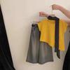 Conjunto de Camiseta Irregular de Manga Curta para Meninas Verão 2025 Calça Jeans Larga de Manga Curta para Bebê Menina com Fitas