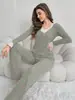 Conjunto de Pijama Casual da Moda Feminino 2026 com Decote em V, Renda em Patchwork, Mangas Longas e Calças Longas