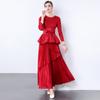 Festivo Rojo Chino Miyake Vestido Linterna Irregular Top Falda Plisada con Cordones Estilo Europeo y Americano Traje de Comercio Exterior