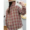 Camisa de Cuadros de Gasa de Doble Capa Teñida en Hilo Estilo Primavera y Otoño para Mujer, de Manga Larga, Holgada, Versátil, Top Casual para Poner en Capas