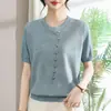 Elegante Blusa de Tricô Respirável de Manga Curta, Estilo Mãe, Nova para o Verão 2026, Tamanhos Grandes para Mulheres de Meia-Idade e Idosas