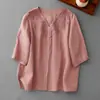 Camisa Bordada Pesada de 4 Cores com Decote em V e Manga Curta para Mulheres, Camisa Leve de Manga Três Quartos com Efeito Emagrecedor Soltinho, Top Versátil de Linho para Mulheres