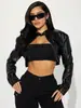 Artículo popular transfronterizo europeo y americano: Chaqueta corta de cuero PU con cuello alto y cremallera, estilo biker cropped de manga larga para chicas atrevidas