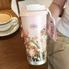 Taza Termo de Lirio del Valle de Alta Apariencia, Taza de Café Portátil de Acero Inoxidable 304, Taza de Viaje para Oficina, Taza Sencilla y Elegante con Correa para Llevar