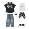 Terno de hip-hop para meninas, jeans solto, manga curta, para meninos, infantil, hip-hop, performance, hip-hop, moda infantil, roupas
