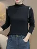 Camiseta de Manga Longa Gola Alta Meia-Boca com Contas Vazadas Outono Nova Tamanho Grande para Gordinhas Slim e Chique Camisa Top para Camada Interna