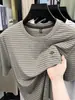 Camiseta Masculina de Manga Curta Listrada em Nylon Gelo de Verão 2026 Nova Gola Redonda Casual Versátil Solta Fresca