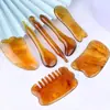 Tabla de masaje gua sha de resina, bastón para relajar los músculos faciales, cuchillo para relajar los músculos de los ojos, peine gua sha, bolígrafo de acupuntura para masaje de cuerpo completo, juego de siete piezas