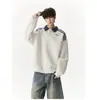 Moletom com Capuz e Gola Listrada Estilo College Americano Masculino Outono Inverno Nova Marca Tendência Bordado Casual Camisa Polo Top Roupas Masculinas