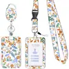 Patch pequeno floral fresco em liga de zinco com fivela de fácil abertura, cordão de poliéster com florzinha pintada à mão, porta-cartão de certificado impresso em PVC