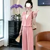 Traje de mujer multi-escenario usable con solapa de imitación de dos piezas combinado con pantalones largos de pierna ancha de cintura alta, no hay necesidad de preocuparse por combinar el conjunto completo.