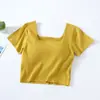 Camiseta de cintura alta para mujer, expone el ombligo, manga corta, copa, una pieza, cuello cuadrado, ropa interior, top ajustado con base y almohadilla de soporte