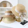 Chapéu de Palha com Aba Plana, Estampa de Bolinhas, Cadarço com Laço de Fita, Chapéu de Sol para Mulheres, Férias de Verão na Praia, Proteção Solar, Chapéu de Praia