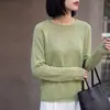 Suéter de tricô sem costura de linho Tencel novo para outono com bordas dobradas, gola redonda, mangas compridas, camiseta básica simples