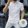 Camiseta de solapa de moda de manga corta para hombre, estilo coreano, corte entallado, informal, para jóvenes, elegante, polo de algodón con perlas de seda de hielo
