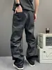 Calça de Trabalho Lavada Preto-Cinza Resistente ao Desgaste Retro Americana para Homens Outono Solta de Perna Reta Comprimento do Chão Calça Casual Tendência