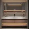 Conjunto moderno minimalista de lavatório e gabinete de banheiro estilo smart para hotel, incluindo um gabinete de banheiro em placa de rocha e uma cuba integrada