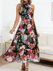 2026 Verão Amazon Transfronteiriço Novo Estilo Europeu e Americano Estampado Decote Halter Sem Mangas Cós Marcado Moda Vestido de Chiffon