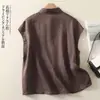 Camisa de Verano Artística Vintage Nueva de Algodón y Lino para Mujer, Camisa Elegante de Color Sólido con Cuello de Solapa, Top Ligero Versátil