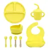 Conjunto de Louça de Silicone, Tigela de Comida Infantil, Utensílios de Prato de Comida de Grau Alimentício, Garfo, Colher, Copo de Água, Babador em Estoque