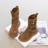 Botas Estilo Britânico para Meninas Botas Martin Outono/Inverno Botas de Couro Dobráveis Sola Macia Antiderrapante Botas de Cano Médio Botas Curtas Quentes com Pelúcia para Crianças