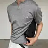 Camisa Polo Masculina de Verão Peso Pesado Branca Pura Gola Henry Decote V Camiseta Estilosa Slim-Fit Manga Curta