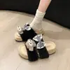 Pantuflas peludas de suela gruesa de personaje de dibujos animados para mujer, nuevas y versátiles para otoño e invierno 2026, pantuflas de algodón peludo de punta abierta