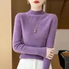 Suéter de punto de cuello medio alto para mujer para otoño e invierno, de manga larga, cuello alto, acanalado, corte ajustado, suéter versátil como capa base