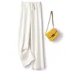 Calça de tricô de lã feminina de perna larga, espessada para outono e inverno, com caimento fluido, branca, cintura alta, perna reta, comprimento até o chão, modelagem solta e projetada para ser usada como peça externa
