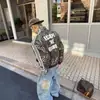 Jaqueta masculina estilo de rua retrô americano com gola alta, zíper, estampa de leopardo, outono, solta, casual, curta