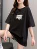 Camiseta holgada coreana de verano 2024 para mujer, con cuello redondo, estampado, de algodón de media manga y manga corta.