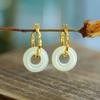 Pendientes Qibaoli S925 con hebilla de seguridad de jade hetiano con incrustaciones de plata, hebilla de anillo, bambú clásico, todo a juego, estilo chino dorado