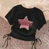 Moda feminina de verão, top curto de manga curta com cordão, estilo puro desejo doce e legal, T-shirt versátil e da moda, tendência Ins