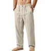Calça masculina casual simples versátil de linho para quatro estações, com design de cordão, perna reta, comércio exterior transfronteiriço europeu e americano