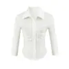 26 Verano Nuevo Estilo Ajustado Adelgazante Chic Top para Mujer, Estilo Coreano Cuello Polo Blanco Plisado Manga Tres Cuartos Camisa