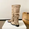 Botas Retro Arrugadas Apiladas para Mujer, Versión de Piel de Vaca, Botas Largas Hasta la Rodilla para Pantorrilla Ancha, Adelgazantes, Versátiles, Tacón Grueso, Botas de Caballero de Caña Alta