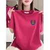 Comércio Exterior~Camiseta Elegante de Manga Curta de Alta Qualidade para Mulheres, Gola Redonda Solta, Estampa Frontal, Top Casual que Rejuvenesce, Estilo para Meia-Idade e Idosos