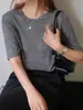 Camiseta básica de tricô de lã fina solúvel em água, manga curta, gola redonda, cor sólida, solta, fina, para mulheres