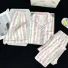 Conjunto de Pijama de Tres Piezas Simple Casual de Nube Verano Nuevo Manga Corta Shorts Pantalones Largos Ropa de Casa Delgada Verano Lindo