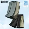 Camiseta sin mangas de seda de hielo para hombre, verano, fina, secado rápido, manga corta, pantalones cortos, conjunto de dos piezas de chaleco deportivo de secado rápido para fitness