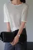 Camiseta básica de tricô de lã fina solúvel em água, manga curta, gola redonda, cor sólida, solta, fina, para mulheres