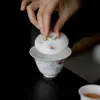 Gaiwan Azul y Blanco Pintado a Mano con Esmalte Bajo de la Dinastía Tang y Song, Juego de Té Kung Fu, Tazón de Té Cerámico para el Hogar, Gaiwan de Porcelana Blanca de Pared Delgada Estilo Erudito