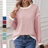 Nuevo Top Suelto de Bloques de Color con Cuello Redondo y Mangas Largas de Punto Sintético para Mujer, Transfronterizo de Amazon, Otoño/Invierno 2026, Europeo y Americano
